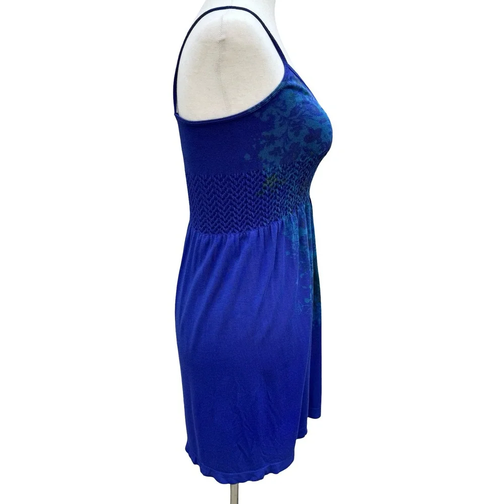 M Rena Blue Floral Damask Smocked Bodice Cami Mini Dress Indie Boho Festival S/M